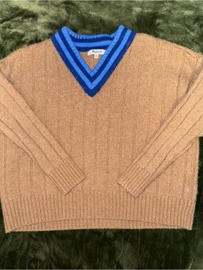 Madewell Tan V-Neck Sweater with Blue Stripe Trim